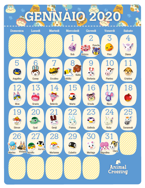Calendario dei compleanni Animal Crossing 2020 da stampare