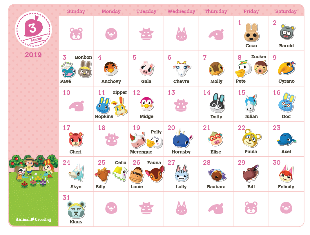 Printable Animal Crossing™ 2019 Birthday Calendar 기프트 마이 닌텐도