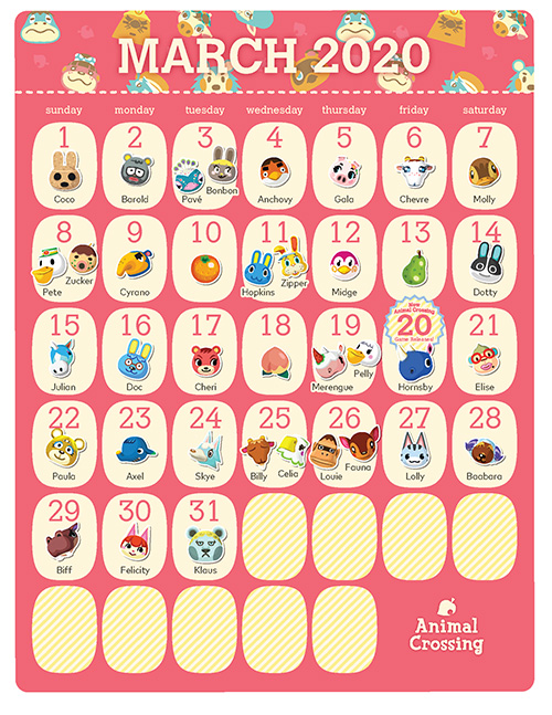 Printable - Animal Crossing™ 2020 Birthday Calendar, Rewards