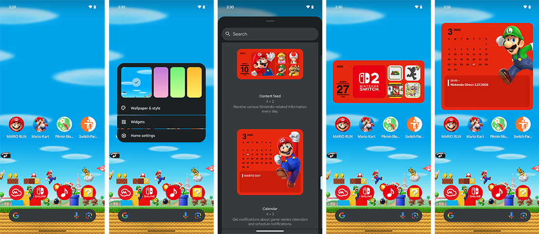 steps displaying how to set up widgets on an Android device.