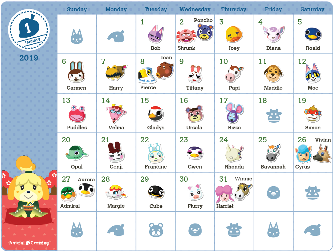 À imprimer calendrier des anniversaires Animal Crossing 2019