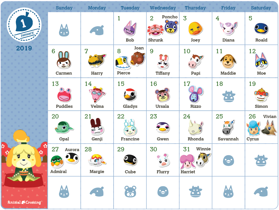 Print it yourself Animal Crossing 2019 Birthday Calendar Rewards My Nintendo