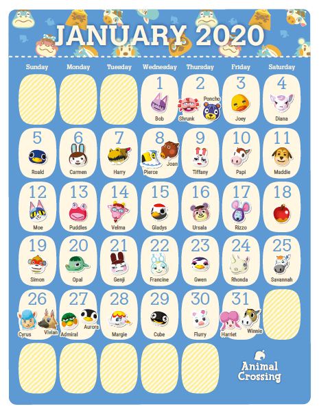 Animal Crossing Birthday Calendar