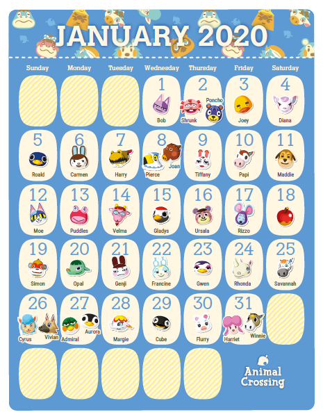 Print it yourself Animal Crossing 2020 Birthday Calendar