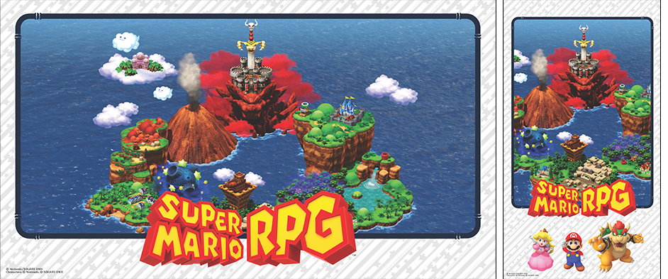 Super Mario RPG Wallpaper showing the map of lands plus Mario, Princess Peach, and Bowser