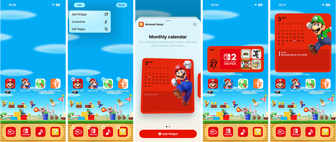 Five steps displaying how to set up widgets on an iOS device.